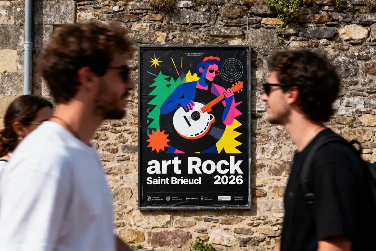 Affiche colorée "Art Rock Saint-Brieuc 2026" sur mur, personnes passant devant.