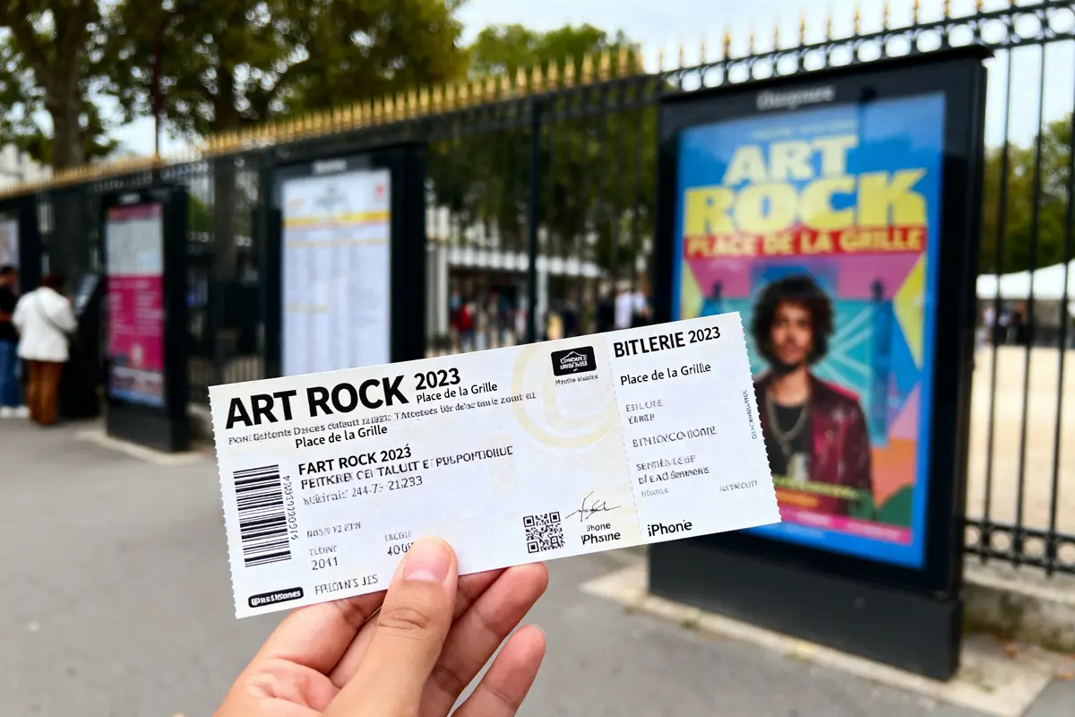 Main tenant un billet pour le festival Art Rock 2023 devant une affiche colorée du festival.