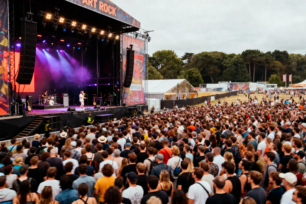 Scène de festival en plein air avec foule nombreuse devant un groupe de musique sous une tente.