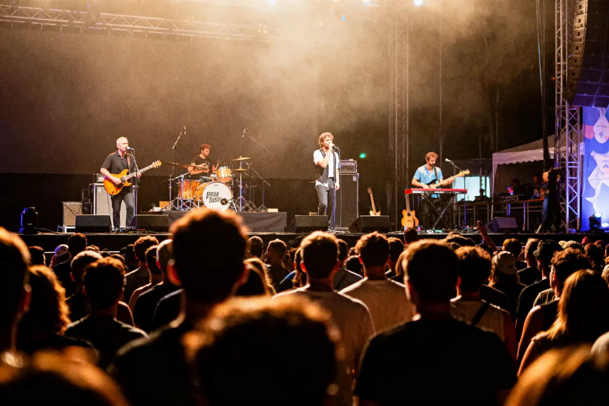 Groupe de musiciens se produisant sur scène avec public, éclairage de concert vibrant.