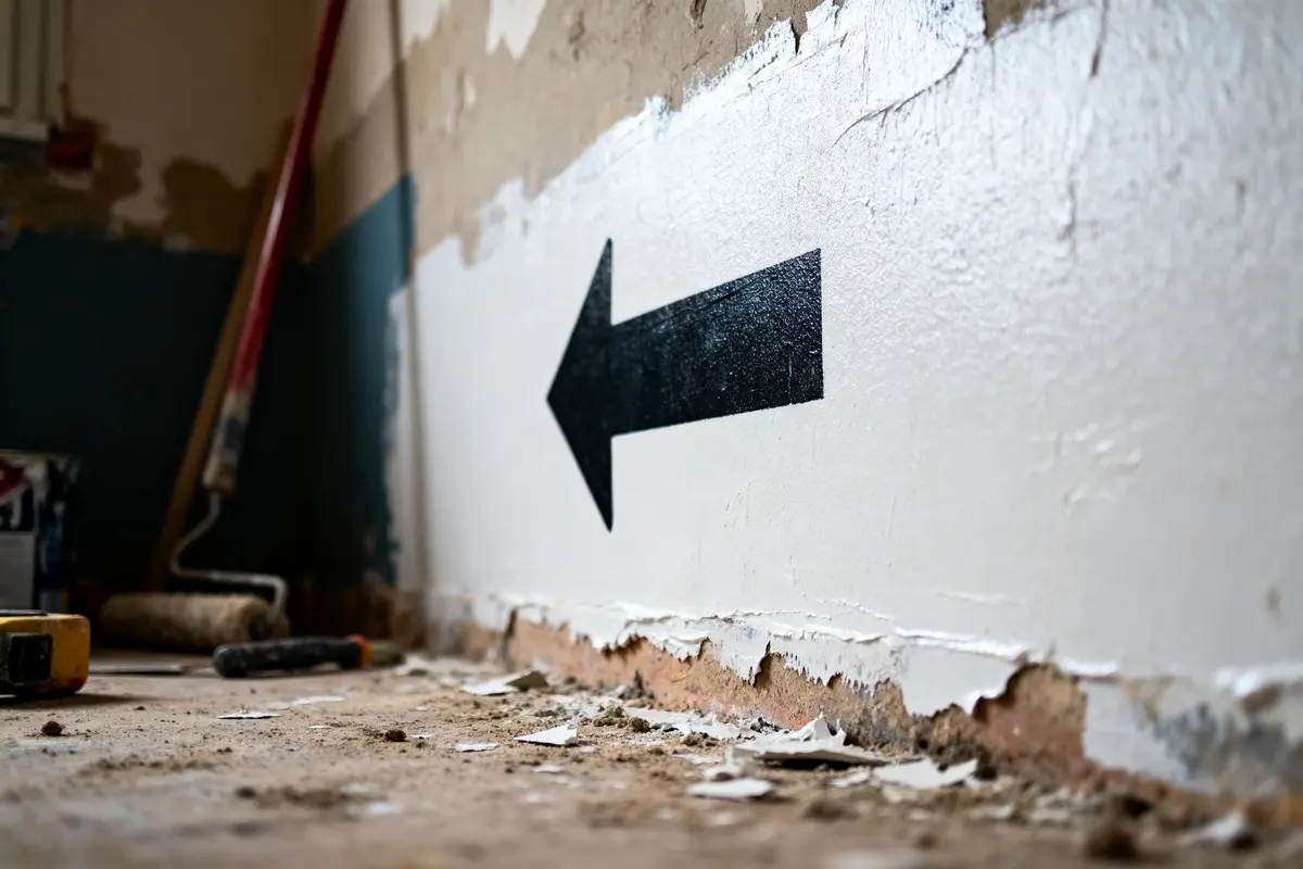 Fleche noire vers la gauche sur mur en rénovation, sol recouvert de débris et outils de peinture.