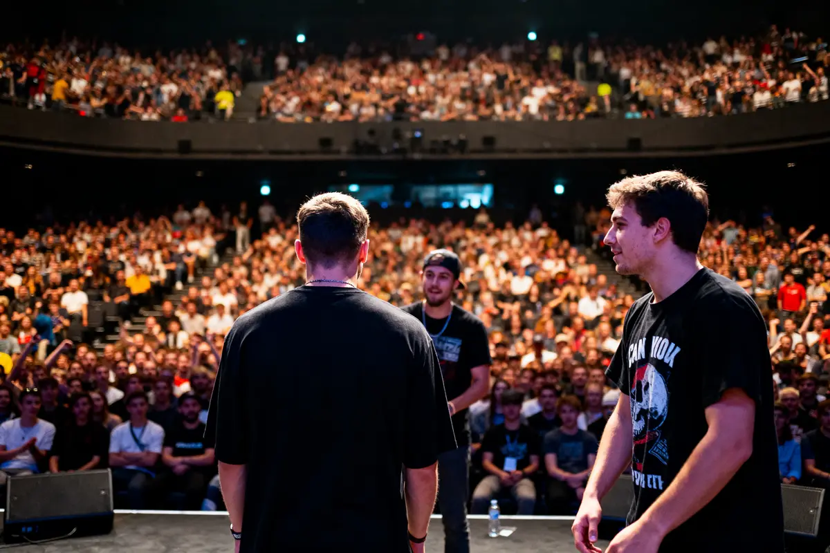 Trois personnes sur scène devant une foule nombreuse et enthousiaste, dans un auditorium sombre.