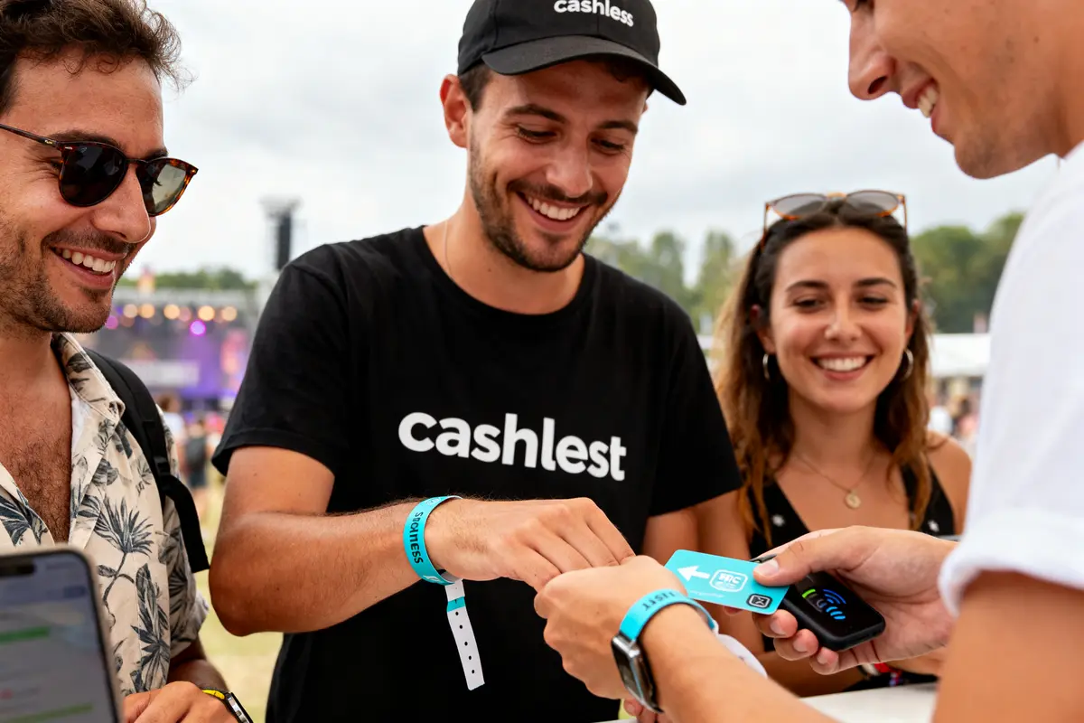 Personnes souriantes utilisant un système de paiement sans espèces à un événement en plein air, portant des bracelets bleus.