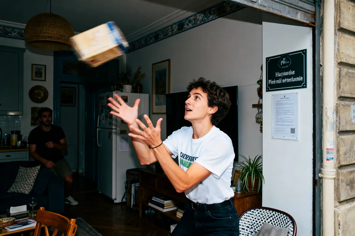 Une personne lance un carton dans l'air dans un salon, avec une autre personne assise en arrière-plan.