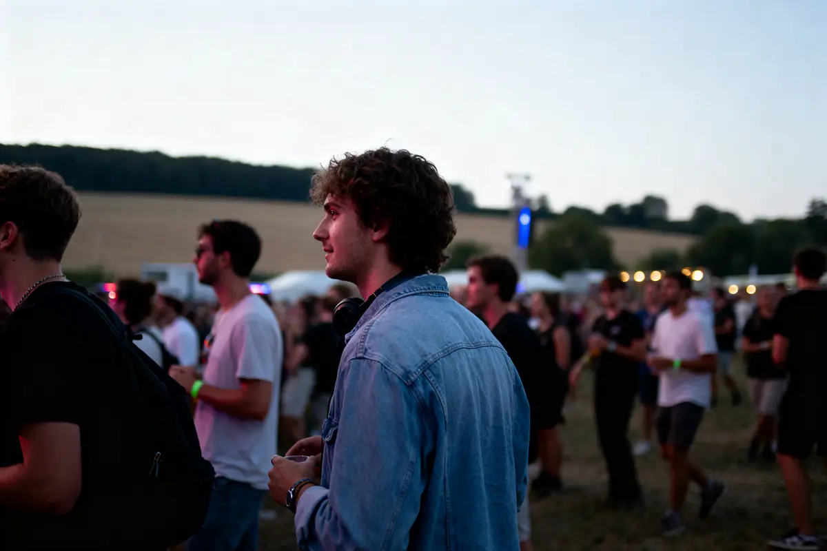 Jeune homme en chemise denim à un festival en plein air, assistant à un concert au crépuscule.