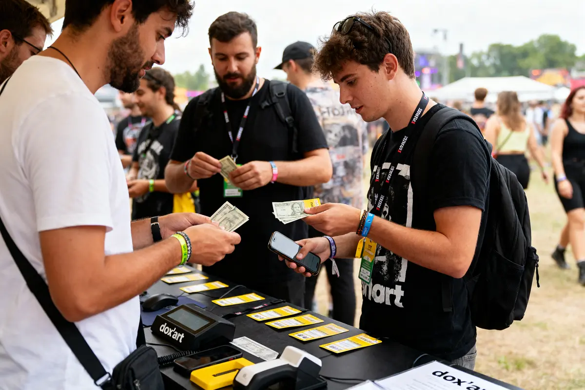 Quatre personnes échangent de l'argent et utilisent des téléphones à un stand en plein air, bracelet au poignet.