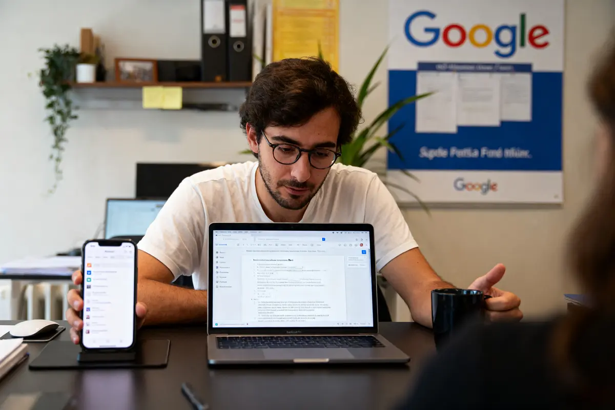 Un homme travaille sur un ordinateur portable avec téléphone à côté, bureau moderne, affiche Google.