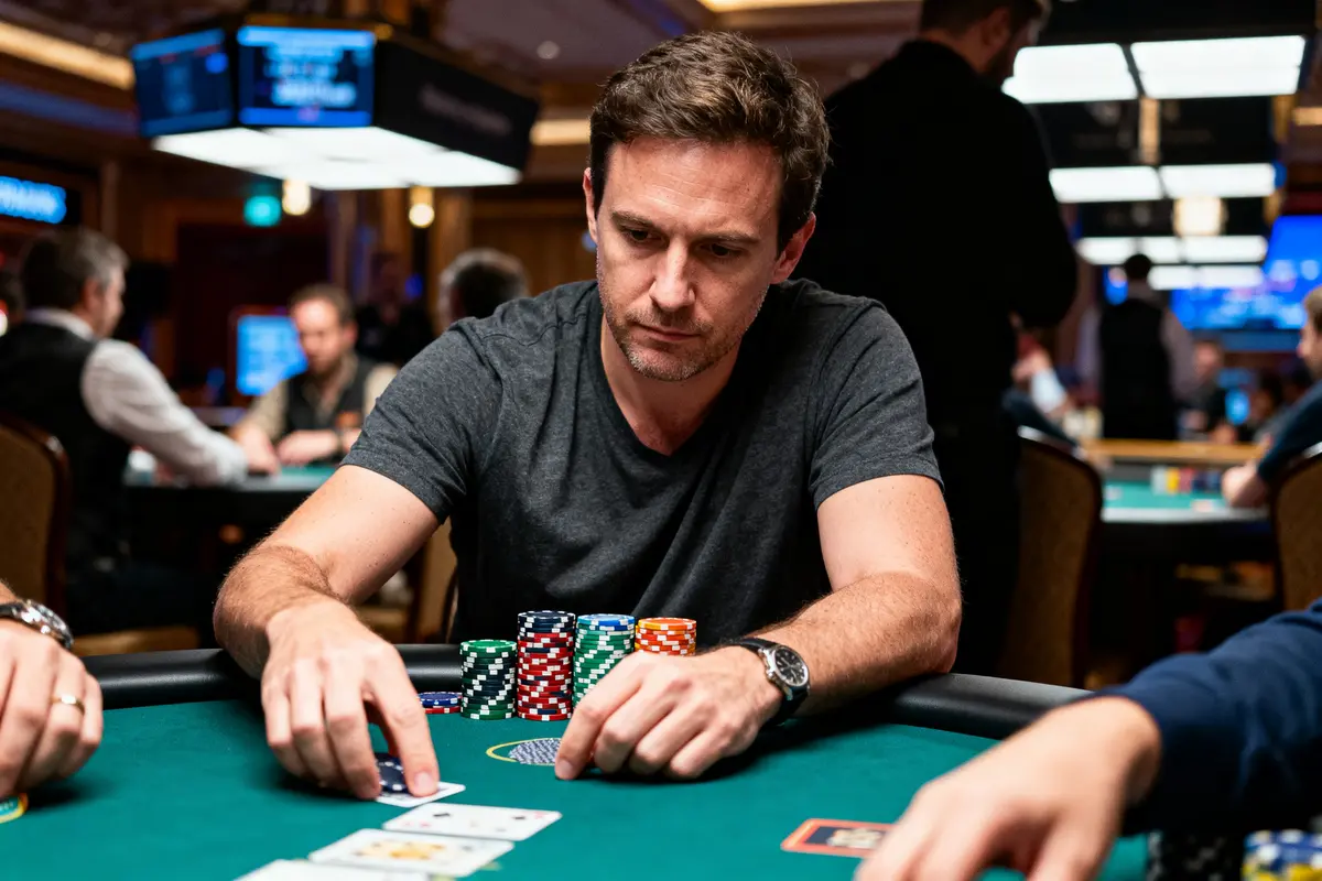 Homme jouant au poker, empile des jetons colorés sur une table de casino, visage concentré.