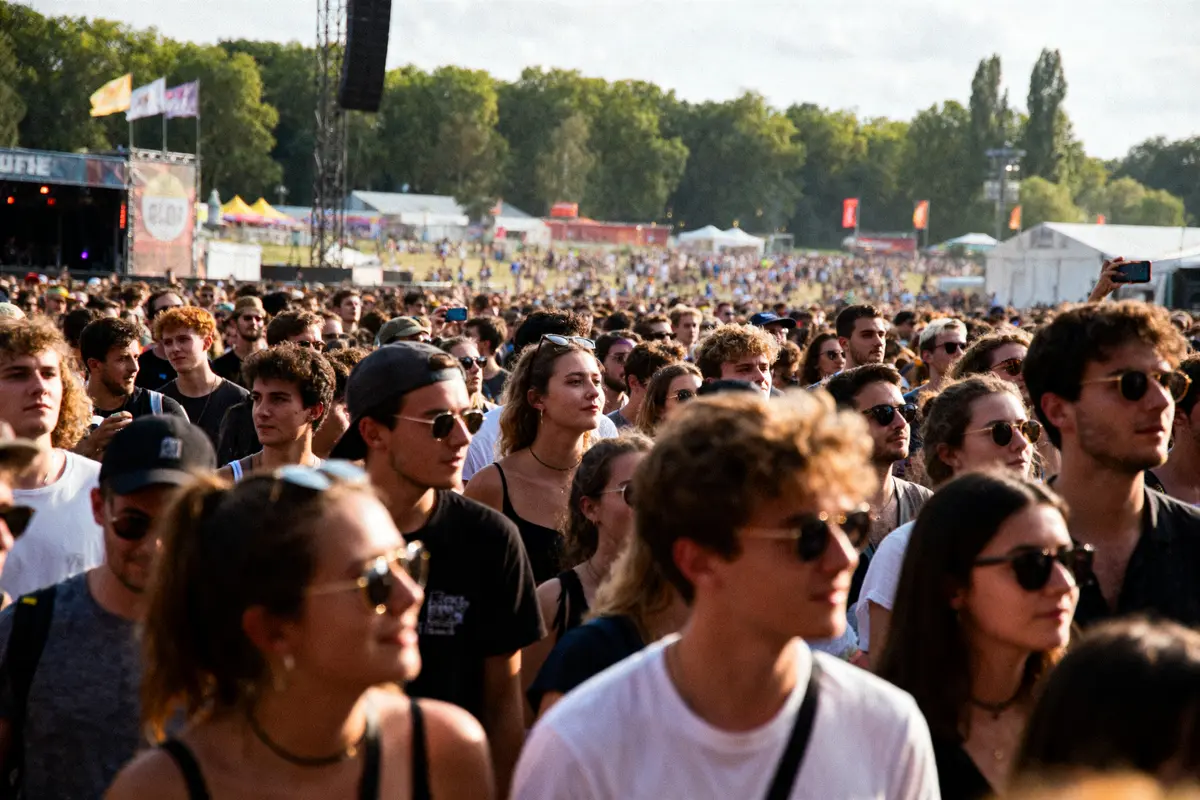 Foule dense de personnes à un festival en plein air, arbres et scènes en arrière-plan.