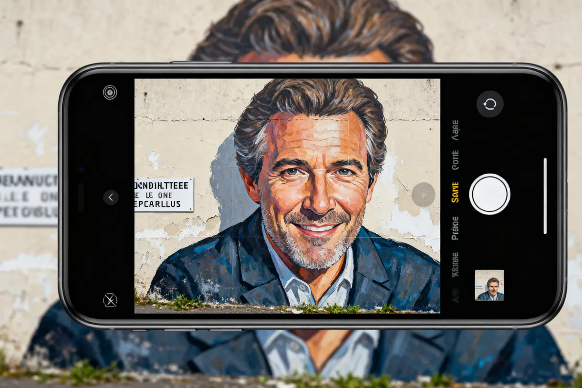 Un smartphone photographie une peinture murale réaliste d'un homme souriant sur un mur beige.