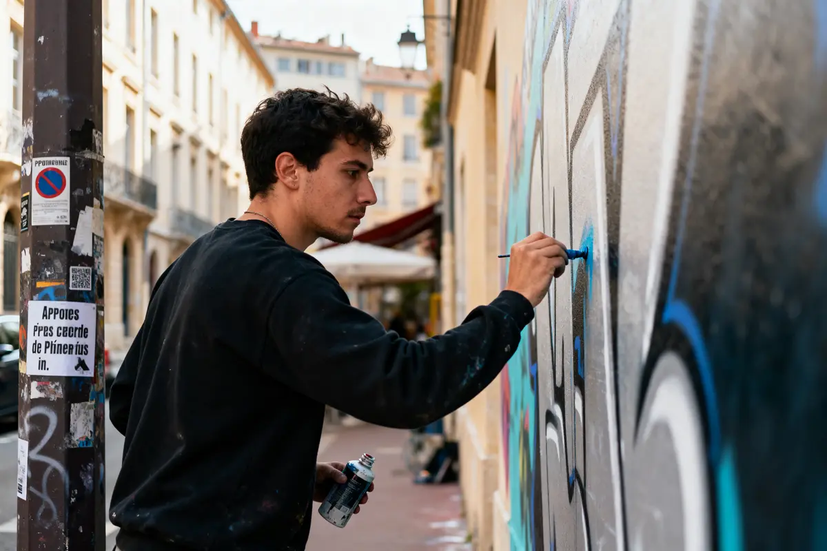 Homme peignant un graffiti sur un mur urbain avec bombe et pinceau, environnement urbain en arrière-plan.