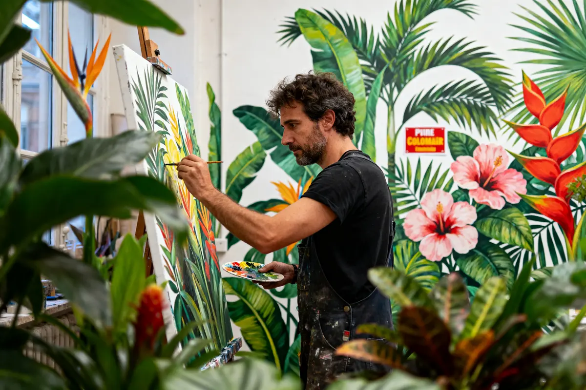 Artiste peignant sur toile avec motifs tropicaux, entouré de plantes et fresques murales colorées.