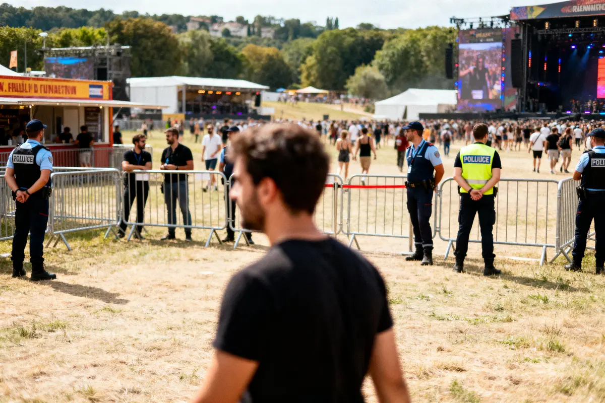 Personnes à un festival en plein air, sécurité présente, scène en arrière-plan, journée ensoleillée.