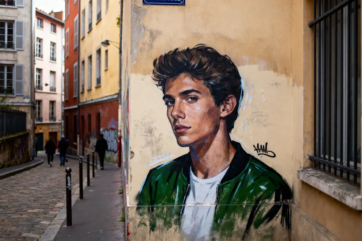 Fresque murale d'un jeune homme en veste verte sur un mur urbain, rue piétonne pavée.