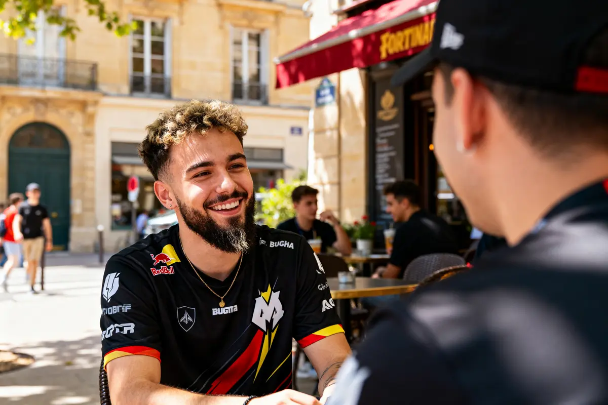 Deux hommes souriants discutant à l'extérieur d'un café portant des vêtements Bugha