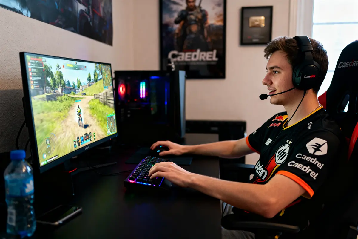 Un joueur en compétition sur ordinateur, entouré de décorations Caedrel et écran de jeu.