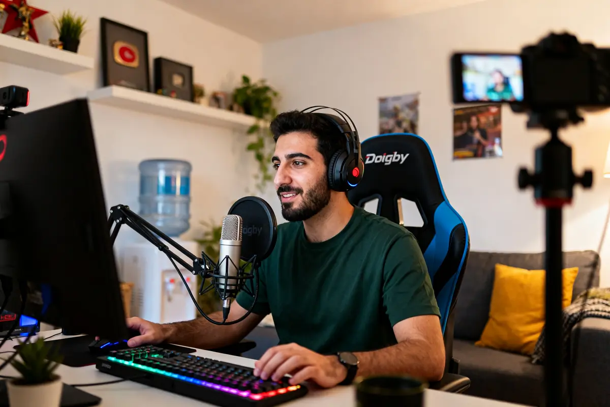 Homme souriant en streaming gaming avec micro et casque Doigby dans un studio moderne