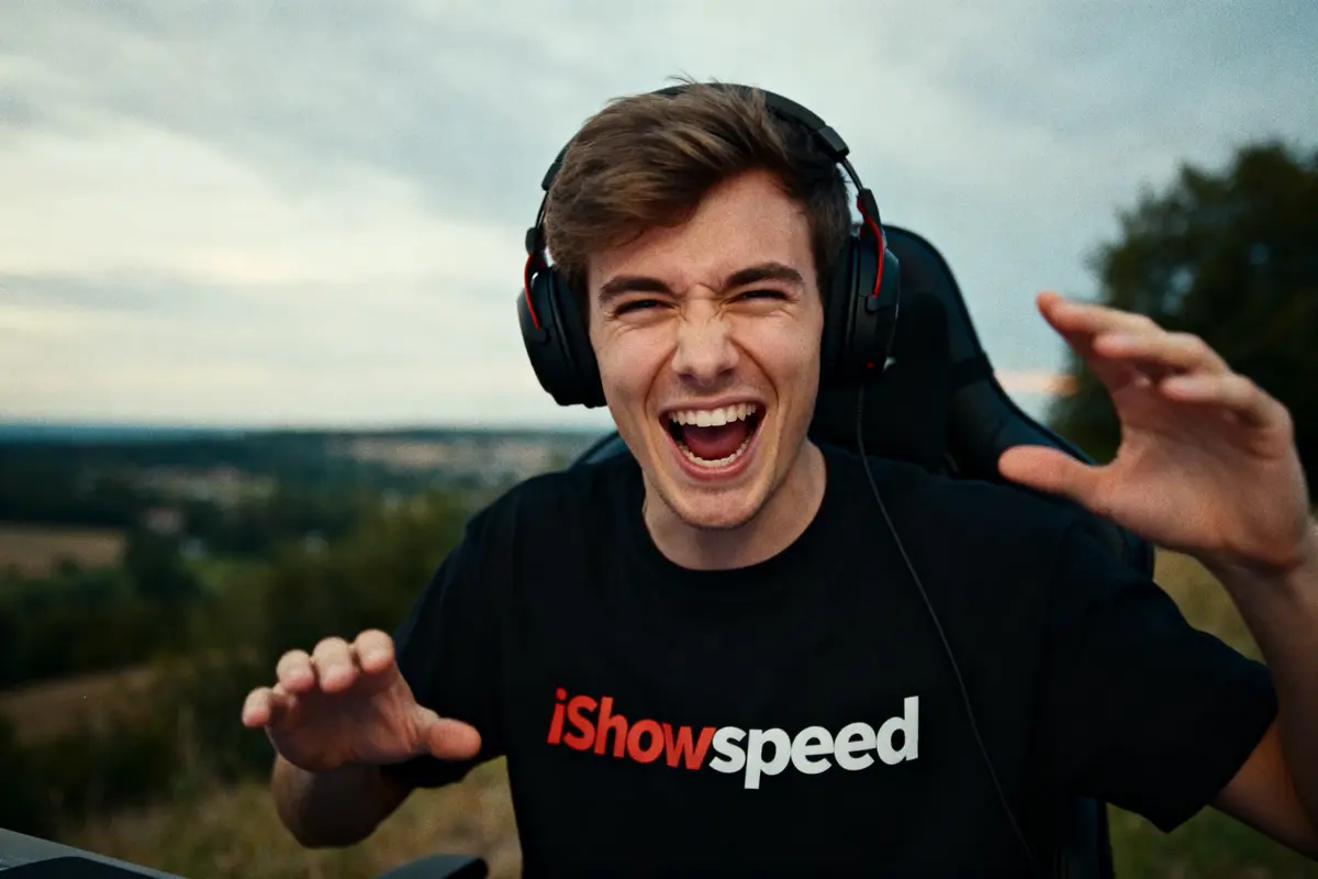 Jeune homme souriant avec casque et t-shirt IShowSpeed en plein air rural