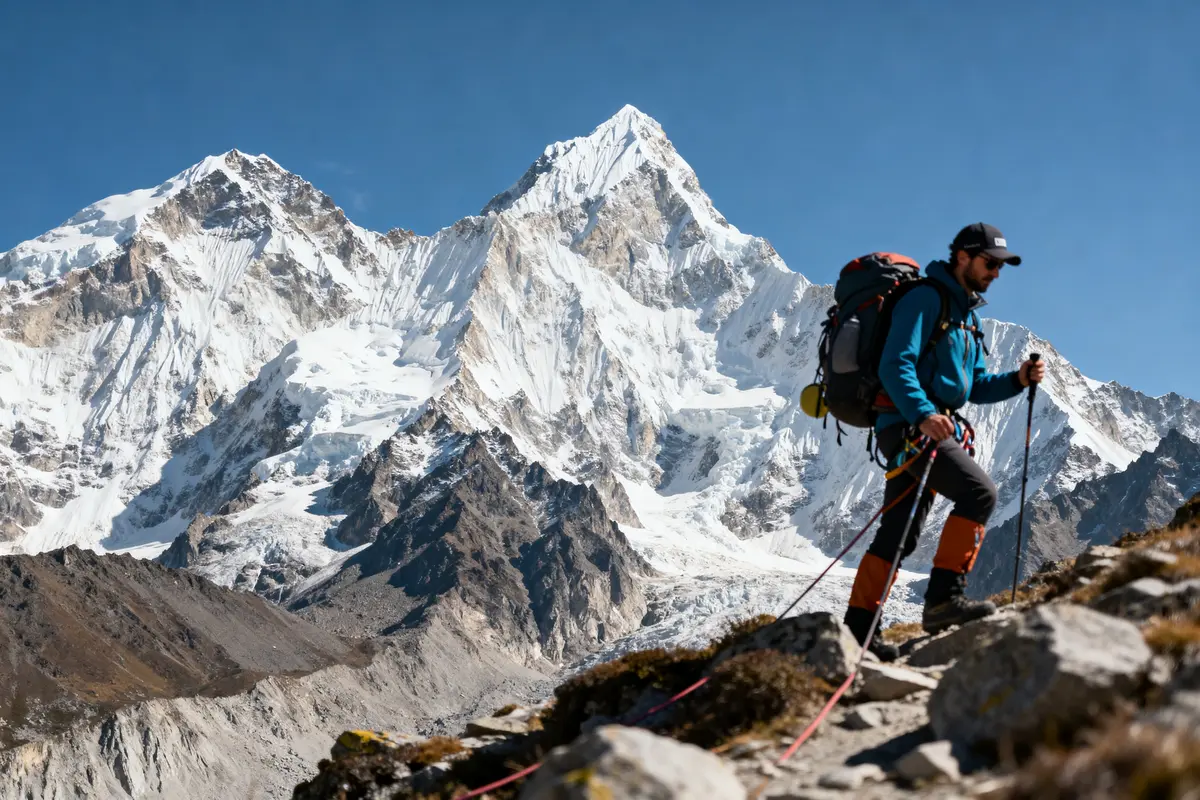 Alpiniste marchant vers sommet enneigé, montagne spectaculaire, Inoxtag en toile de fond majestueuse