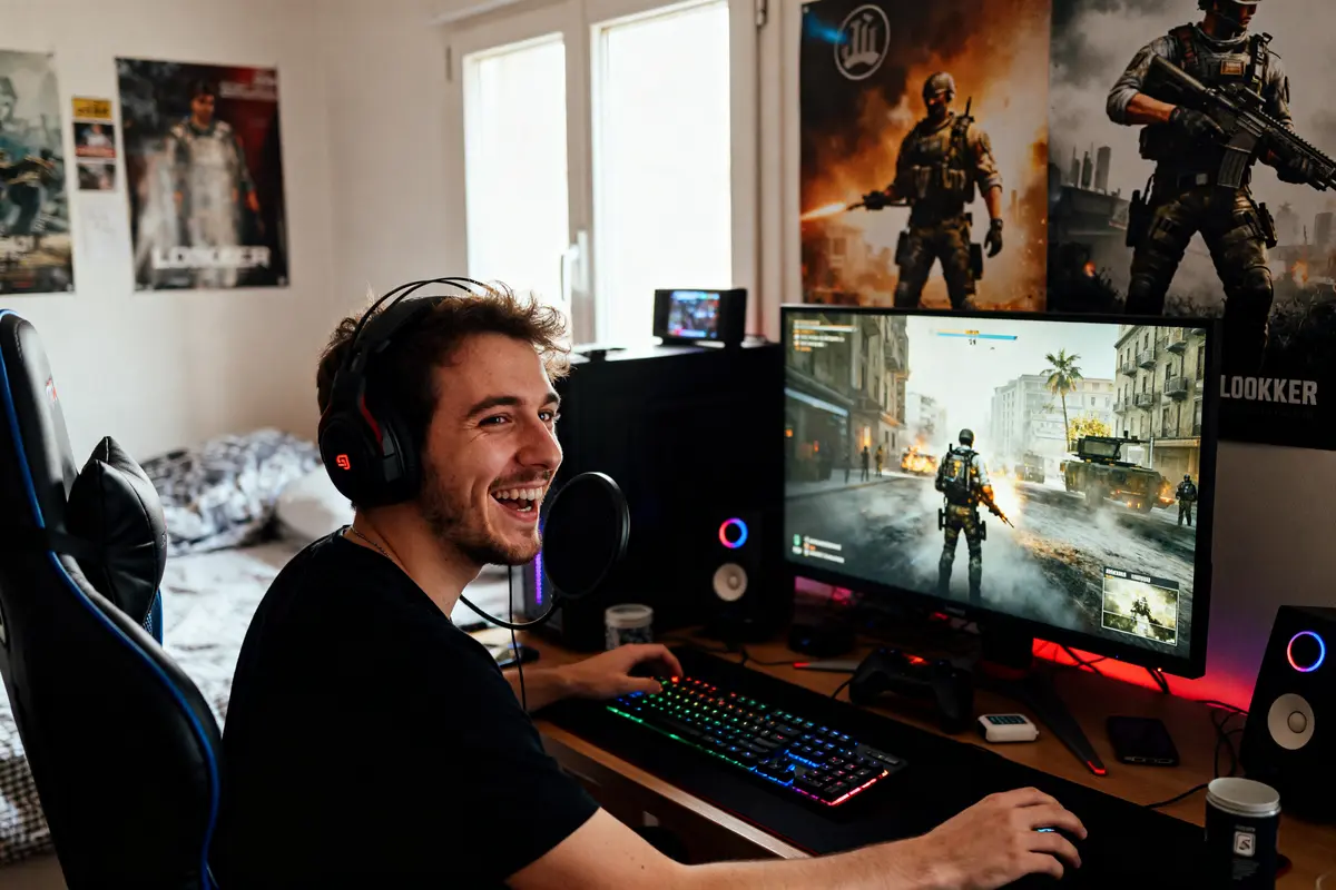 Joueur souriant à son bureau gaming avec affiches de Locklear sur les murs.