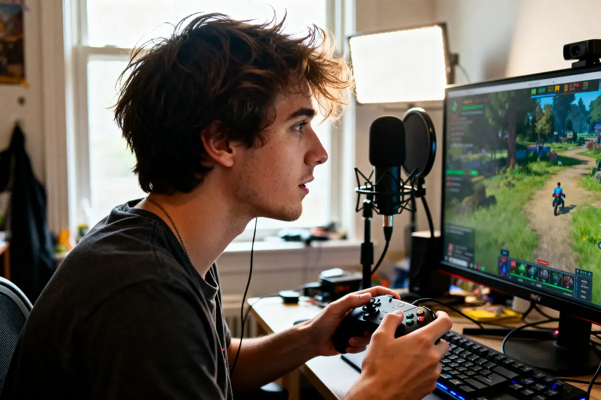 Jeune homme joue à un jeu vidéo devant écran d'ordinateur avec MisterMV en streaming