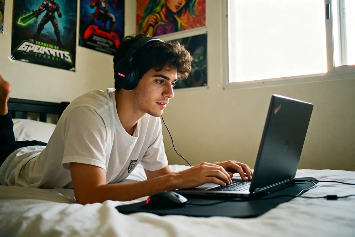 Un jeune homme joue à l'ordinateur sur son lit, portant un casque Ponce