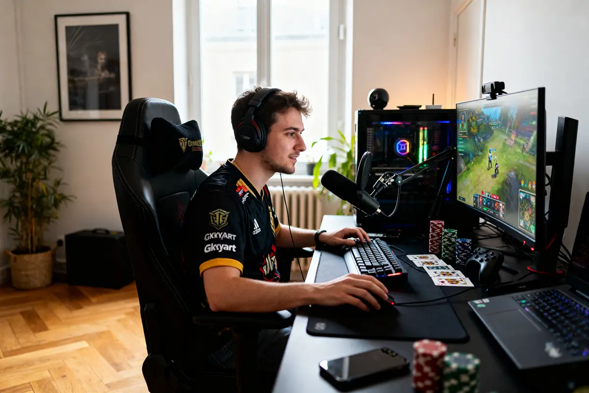 Personne jouant à un jeu vidéo sur PC avec Skyyart affiché sur sa chaise gaming