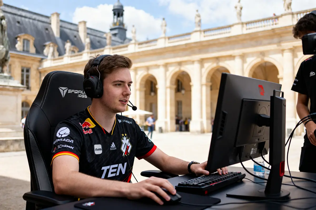 Joueur e-sport concentré sur écran avec casque arborant logo TenZ à l'extérieur bâtiment historique