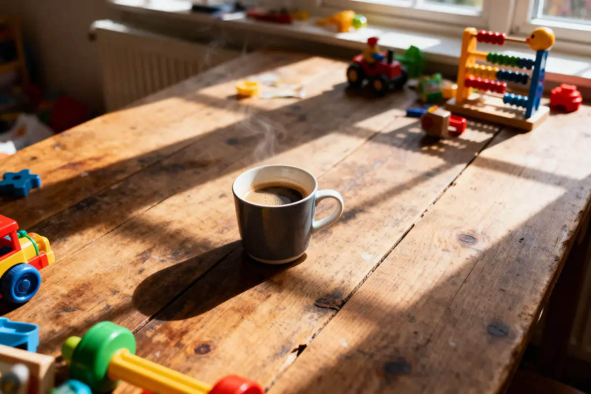 Tasse de café fumant sur table en bois, entourée de jouets colorés éclairés par la lumière du soleil.