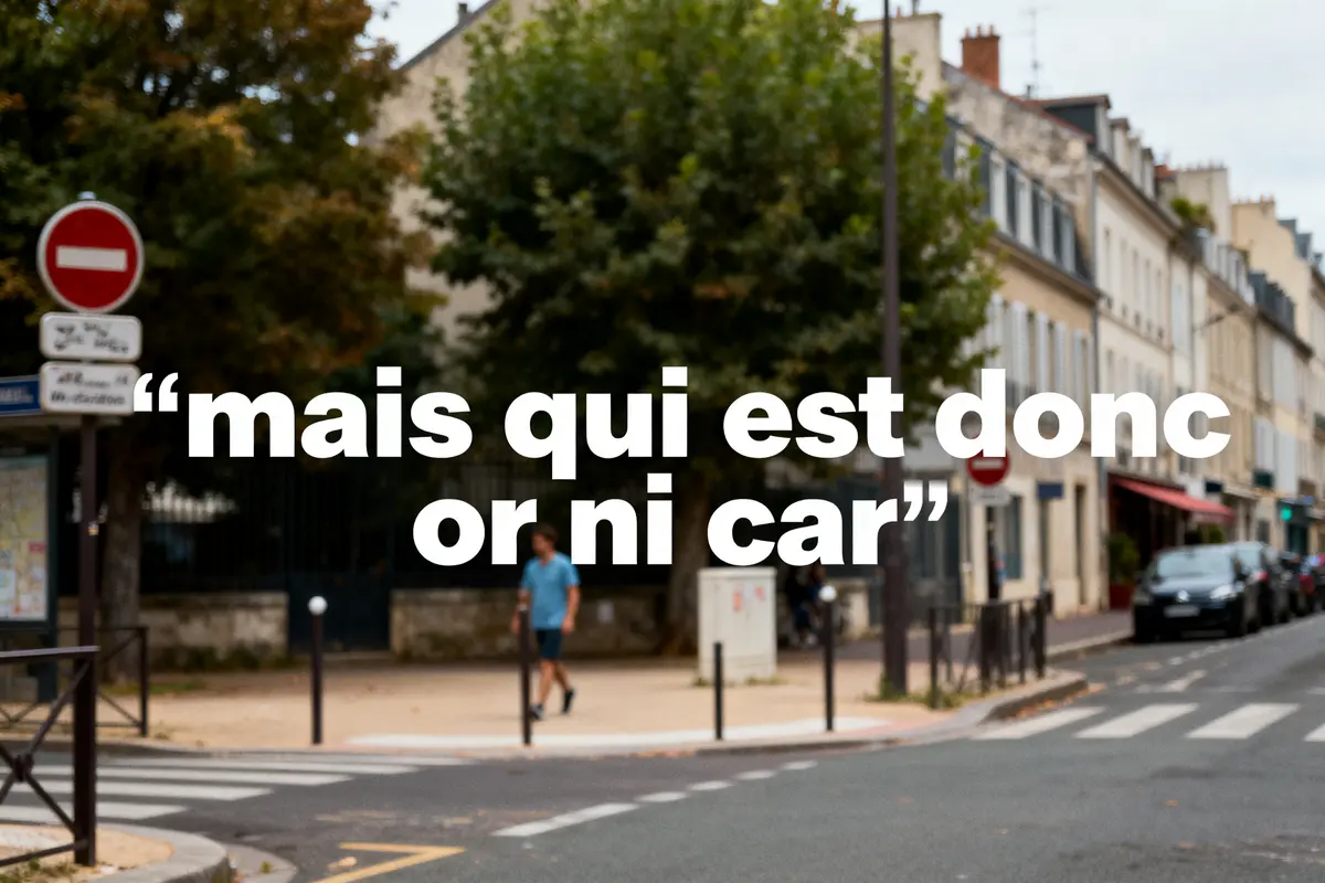 Texte blanc "mais qui est donc or ni car", rue urbaine avec voitures et arbres.