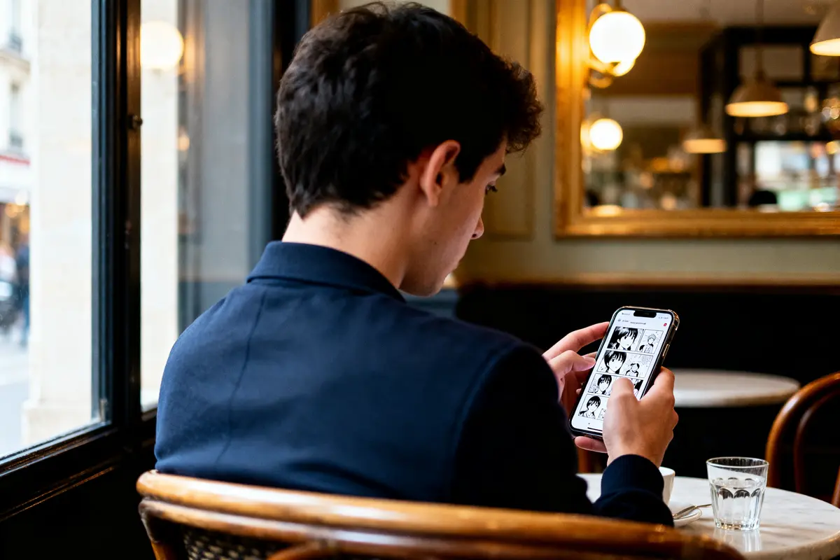 Un homme lit des mangas sur son téléphone dans un café via mangakakalot.gg