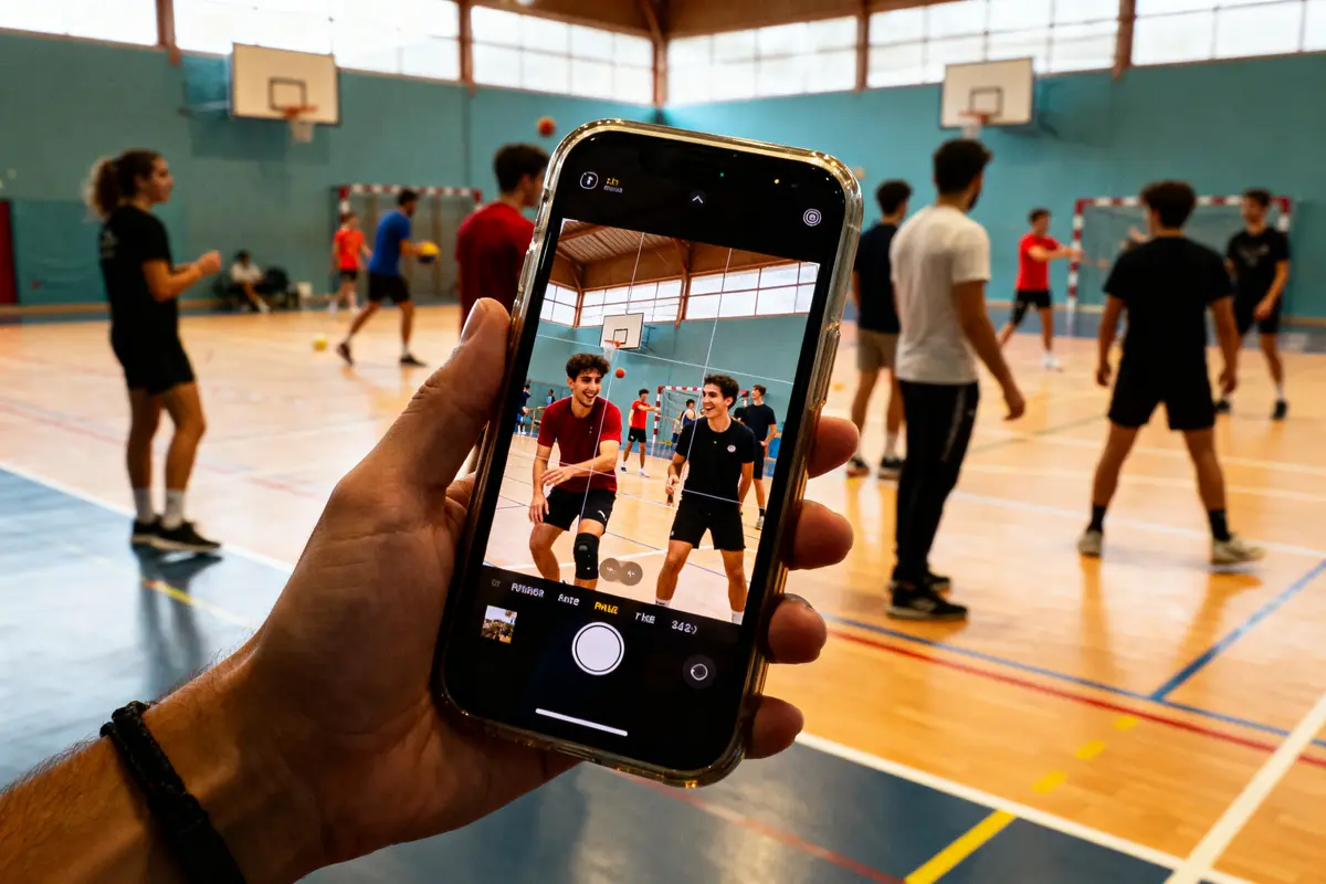 Personnes jouant au basket capturées sur un téléphone dans un gymnase intérieur.