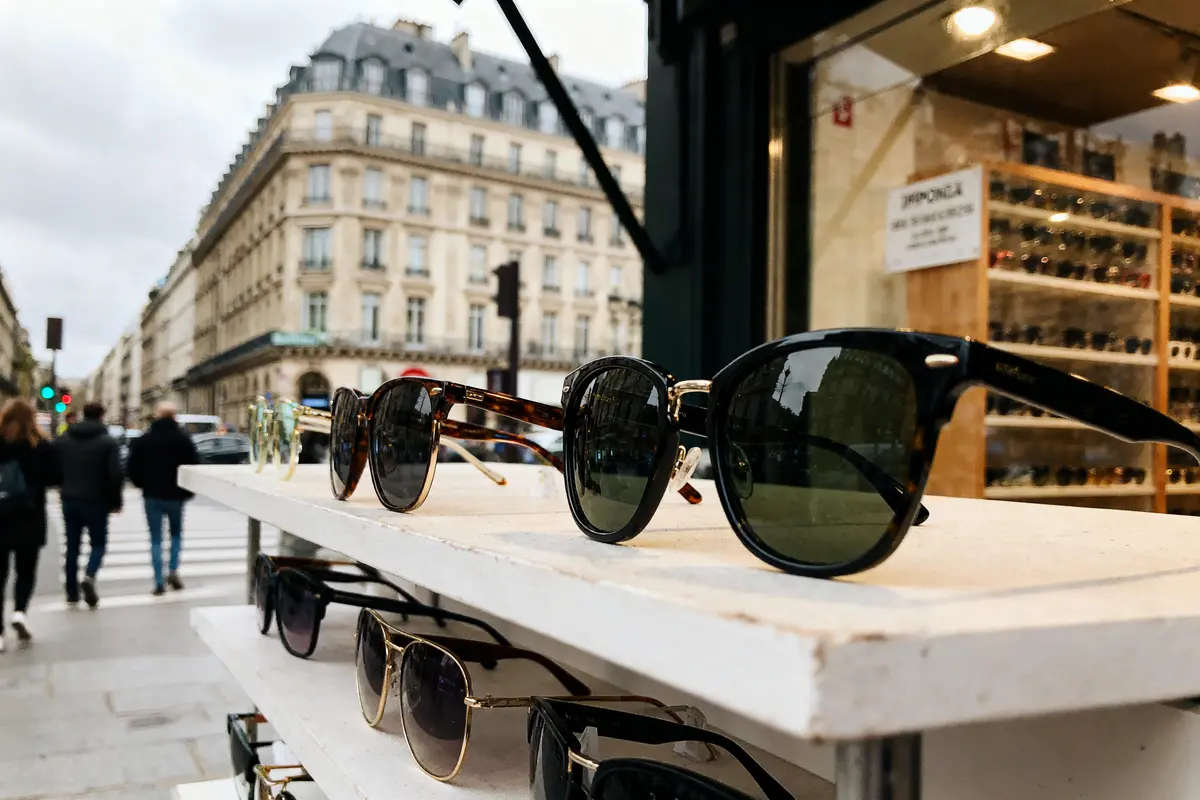 Lunettes de soleil exposées sur étagère en extérieur, rue animée avec immeubles parisiens en arrière-plan.