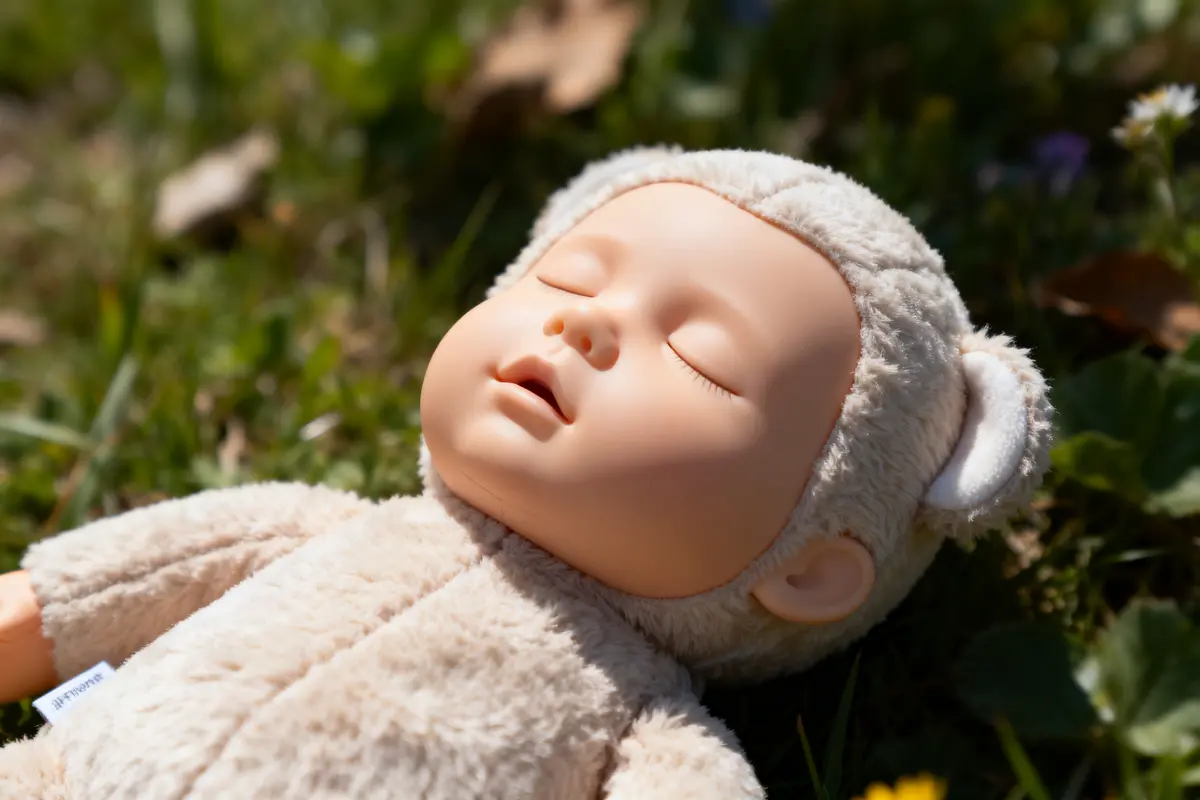 Poupée bébé endormie en costume d'ours, allongée sur l'herbe sous le soleil.