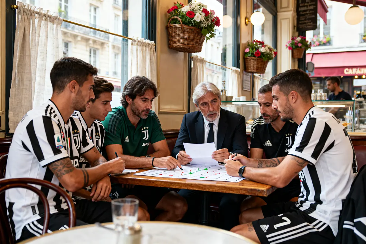 Dans un café, six hommes en discussion autour d'un plan footballistique, trois portent des maillots de la Juventus.