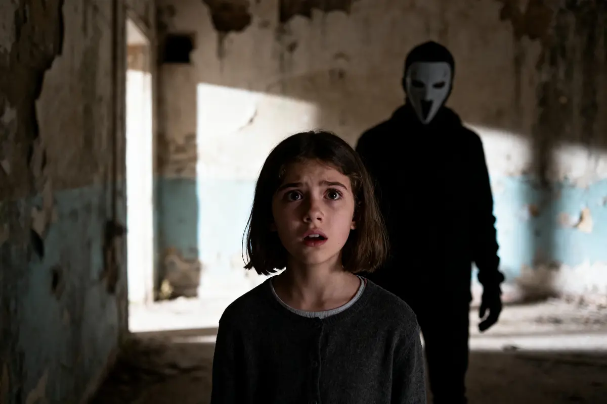 Une fille effrayée est suivie par une personne masquée dans un bâtiment délabré.