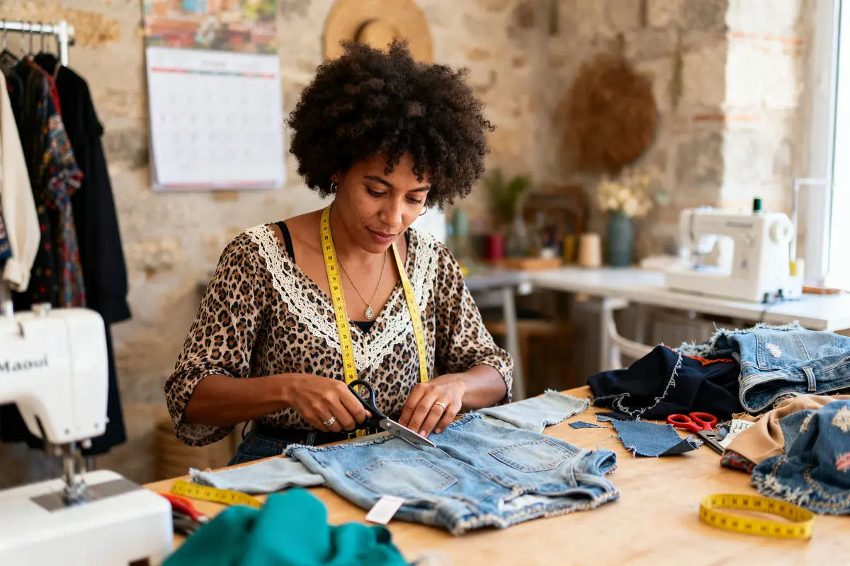 Une femme coupe un short en jeans sur une table de couture avec des outils, dans un atelier lumineux.