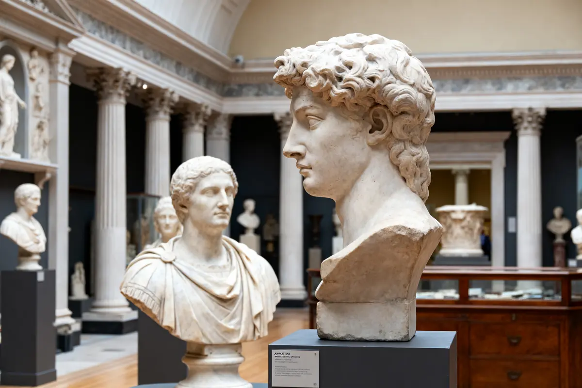 Sculptures classiques exposées dans le musée John Soane avec colonnes en arrière-plan