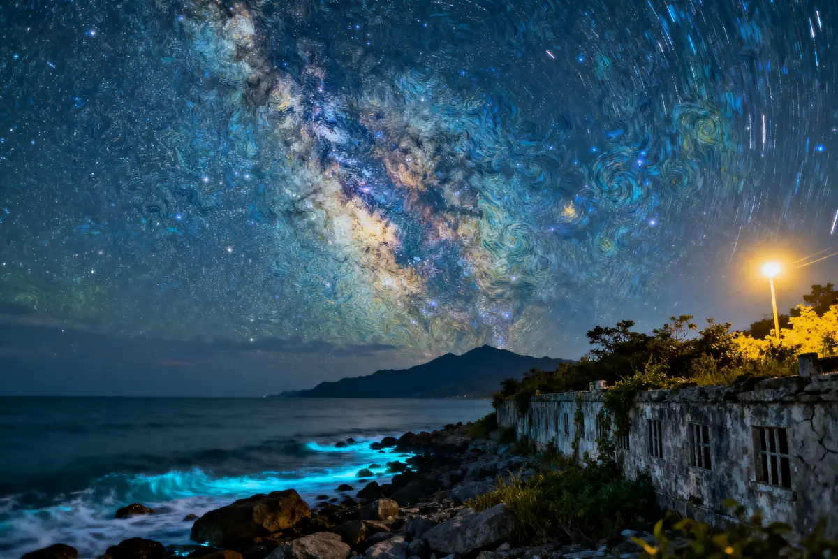 Ciel étoilé spectaculaire au-dessus de la mer, illuminant des vagues bioluminescentes et une côte rocheuse.