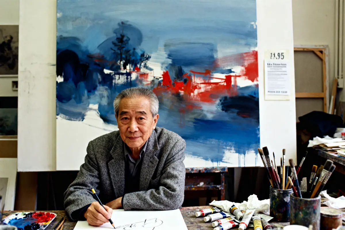 Zao Wou-Ki peint dans son atelier devant une toile abstraite bleue et rouge.